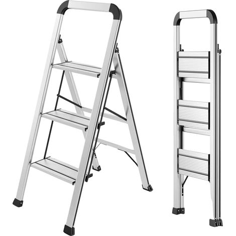 Échelle pliante en 3 étapes, légère, avec rampe ajustable, Argent (1/2)
