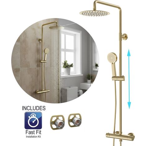 Round Brushed Brass Thermostatic Dual Control Twin Head Shower Mixer + Fast Fit