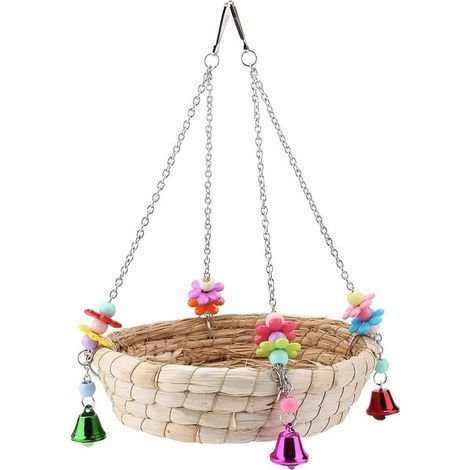 Handgeflochtenes Vogelnest aus Naturstroh mit 4 Metallglöckchen, Spielzeug für Wellensittiche, Nymphensittiche, Papageien und andere Käfigvögel. (1/5)