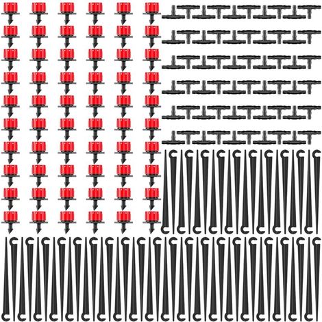 Kit di irrigazione a goccia da giardino da 180 pezzi, 60 ugelli gocciolanti regolabili + 60 connettori a T + 60 ancoraggi a terra per tubo da giardino, prato, serra, piante - Rosso