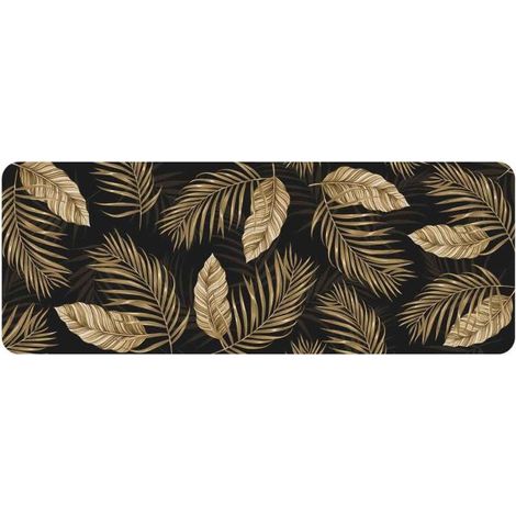 Tapis de cuisine rectangulaire 45x120cm noir et or – Dessus 100% polyester – Antidérapant en caoutchouc – Motif imprimé flanelle