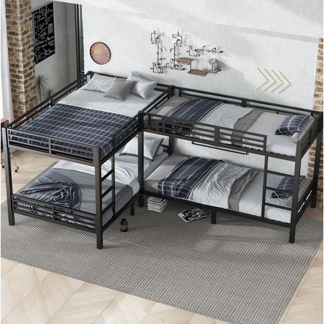 Cama litera moderna de metal negro 90x200 cm y 140x200 cm con somier de láminas estable y escalera de 3 peldaños (1/5)