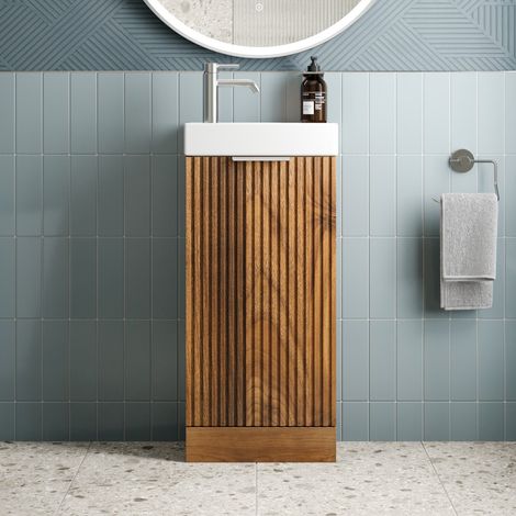 Fluted 400mm Bathroom Vanity Unit Basin Floorstanding Cupboard Soft Close Walnut (1/5)