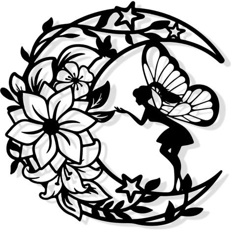 Décoration Murale Métal Noire Deco Murale en Métal de Fée de Fleur de Lune Sculptures Décoration Chambre des Filles Salon Jardin Salle de Bain (30 x 30 CM) (1/5)