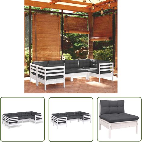 The Living Store Salon de jardin 6 pcs avec coussins blanc bois de pin - Ensemble Salon De Jardin - Salon De Jardin Bois - Mobilier De Jardin - Set Salon De Jardin - Meubles De Jardin (1/5)