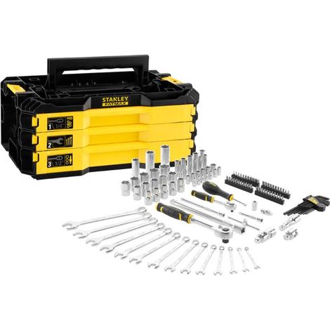 Stanley – Coffret multi-outils 126 pièces – 3 tiroirs avec cliquets 1/4" et 1/2" – Douilles et clés mixtes antidérapantes – Pour professionnels