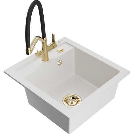 Mexen Vito lavello da cucina in granito a 1 vasca con miscelatore Duo, bianco - 6503-20-671701-57-G (1/5)