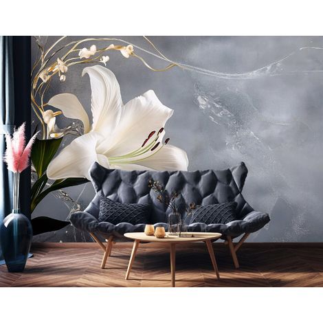 Vlies Fototapete Lilien 400x280 cm, Tapeten, für Wohn und Schlafzimmer, Vliestapete Wandtapete Tapete 3D Effekt- inkl. Kleister - Blumen Abstrakt Modern Grau, WallArena (1/4)