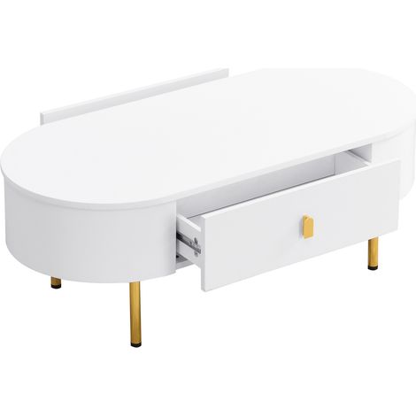 Mesa de centro blanca de MDF con 2 cajones, tiradores y patas dorados, 108 x 50 x 40 cm (1/5)