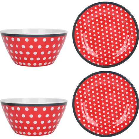 4Pcs Salad Dish Set Red Dots Imitation Porcelain Plate Fruit Food Cake Dish Dinnerware for Kitchen (1/5)