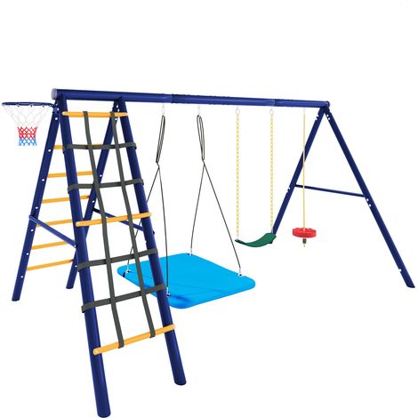 Portique Balançoire Multifonction en Acier - Aire de Jeux Jardin avec 3 Balançoires, Filet d'Escalade et Panier de Basket pour 6 Enfants