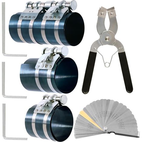 8pcs 3 "4" 6 "compresseur à bague de piston et outil de montage réglable outil de montage pince de démontage avec clé et palpeur en acier inoxydable kit de combinaison de moteur de voiture (1/5)