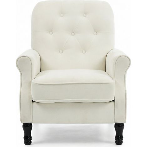 Fauteuil 1 place en tissu crème, assise épaisse avec ressorts ensachés, dossier capitonné, pieds bois tournés, style moderne vintage, confortable et robuste - CHICFURN (1/5)