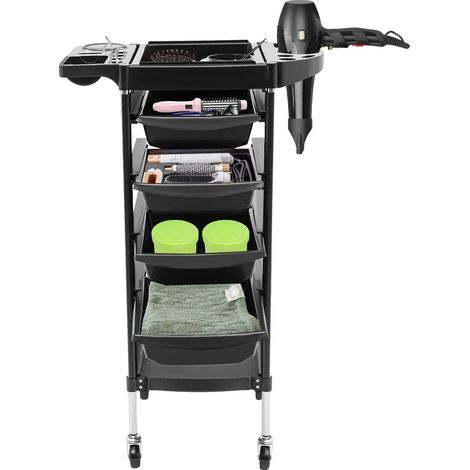 Chariot de coiffure, 4 tiroirs, plateau pliable, noir (1/2)