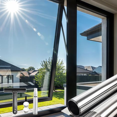 Window Film Anti-Glare Mirror Tain-Free, Anti-Heat, UV Sun Protection, Electrostatic for Home, Office (Silver, 30 x 200 cm) (1/5)