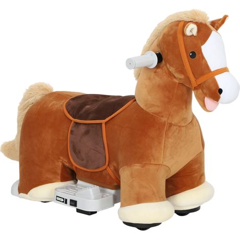 Caballo eléctrico infantil con pedales, ruedas y sonidos, de peluche y metal, 74x34x51 cm, marrón. (1/5)