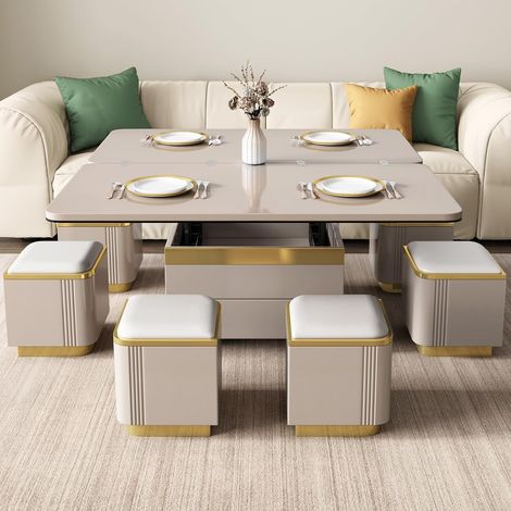 Table Basse relevable avec 4 tabourets de Rangement, Table Centrale Moderne avec Plateau en Verre trempé et tiroir, Table à Manger Extensible pour Salon, Bureau Multifonctionnel (1/5)