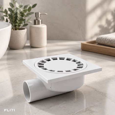 FLITI-Siphon de sol FLITI Carré 200x200mm PVC Blanc Sortie Horizontale 75mm pour Douche (1/5)
