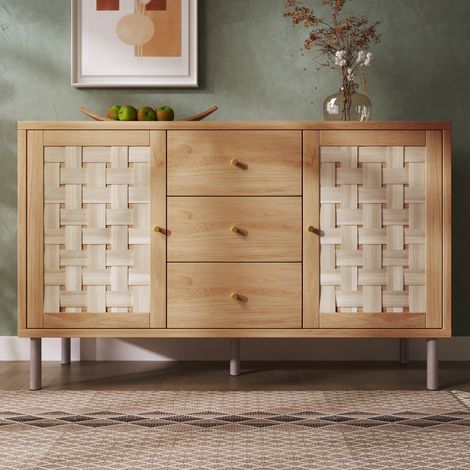 Credenza in legno color rovere con 2 ante, 3 cassetti e ripiani regolabili, 120 x 40 x 75 cm