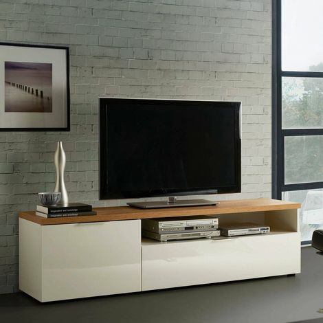 Mueble TV Manama, un Cajón, un Estante Made in Italy, Puerta Batiente, 180x48x43h cm Blanco Brillante (1/5)
