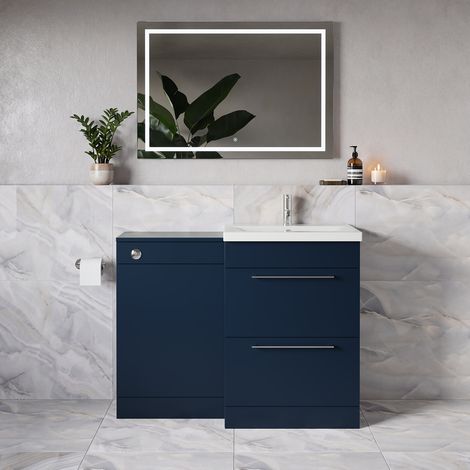 Napoli 390 Deep Blue 1100mm 2 Drawer Vanity Unit Toilet Suite with Glide Basin - 1100mm - Chrome 320mm HandleWithout Kingston Toilet Pan
