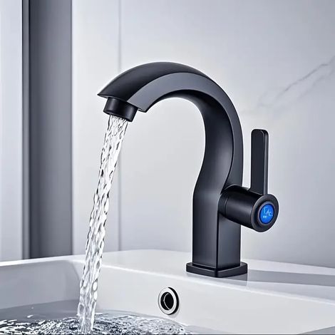 Robinet de lavabo moderne monotrou (HHH) avec douchette latérale, valve noire mate, bec ergonomique incurvé, facile à installer (1/5)