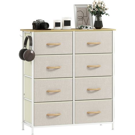 Commode en tissu beige avec 8 tiroirs, structure en acier, 4 poches latérales et 2 crochets (1/5)
