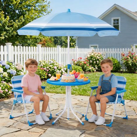Ensemble pique-nique enfant bleu 4 pièces avec table pliante, 2 chaises et parasol amovible réglable pour plage, parc et jardin (1/5)