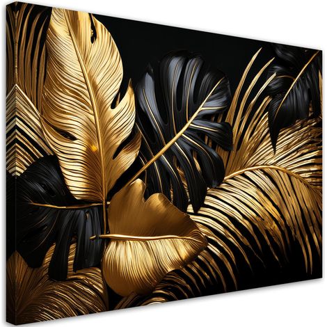 Tableau déco Feuilles de palmier monstera dorées sur fond noir 60x40