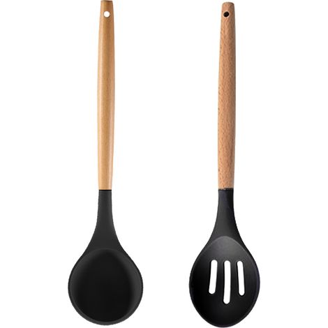Ensemble Ustensiles Cuisine Bois Et Silicone - Resistants Chaleur Antiadhesifs - Pour Cuisson Et Service - Set 6 Pieces (1/5)