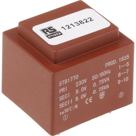 Rs Pro – Transformateur pour tableau électrique 1.5VA – Tension 2 x 9V c.a. – 2 sorties – Montage sur circuit imprimé (1/2)