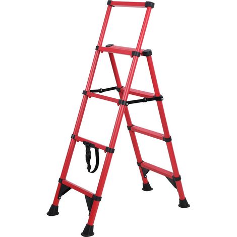 FLASIDU - Échelle - Échelle pliante à quatre marches avec porte-outils et pieds antidérapants - capacité de charge de 150 kg - rouge (1/5)