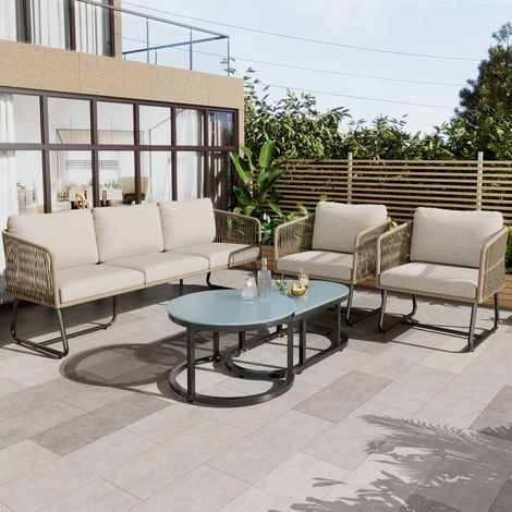 Conjunto de Jardín de 5 Plazas en Metal con Mesa, Sofá, 2 Sillones y Cojines Gruesos, Beige