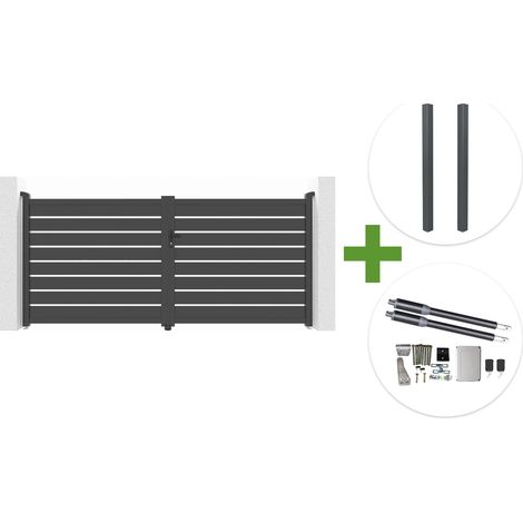 Puerta batiente VOGEL de 3,5 m, 160 cm de altura, gris + 2 postes ELDA + motor RANGER B150