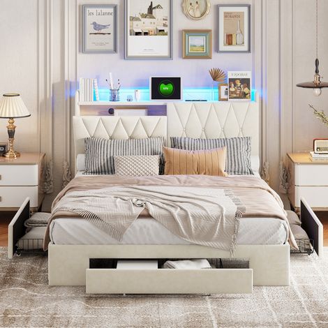 Lit double 160 x 200, lit adulte 160x200 avec tiroirs, avec port USB et LED, cadre de lit, rangement tête de lit, beige, velours