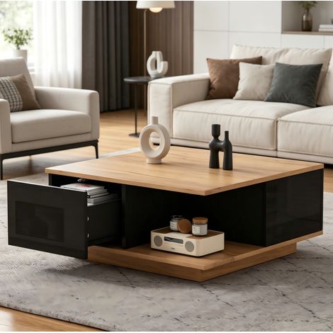 Tavolino da salotto 70x70x31.5 cm con 3 cassetti, vano a giorno, finitura lucida, truciolare, nero e colore legno (1/5)