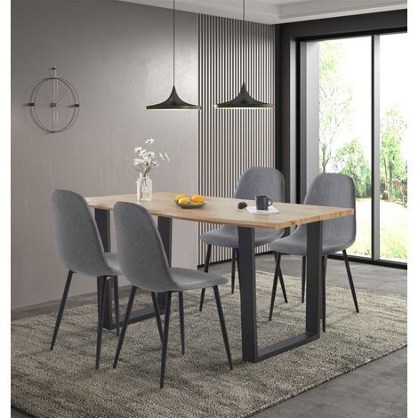 Hallowood Furniture Cullompton Dining Table and Chairs Set 4, Live Edge Wood Effect Kitchen Table in U Shaped Legs and Dark Grey Fabric Chairs, Dining Room Sets for Home or Cafe (1/5)