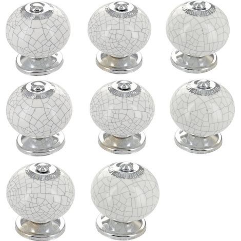 Set di 4 maniglie rotonde in ceramica per cassetti di mobili, in stile bohémien, finitura retrò ed effetto craquelé, bianche (1/5)