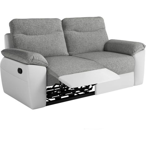 Canapé de relaxation manuel ROSS 3 places en tissu et simili - Blanc/Gris (1/5)