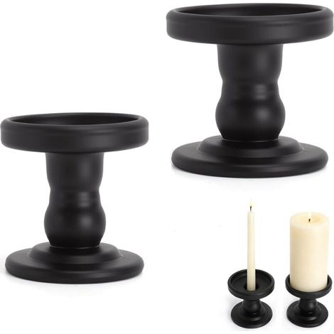 Candle Holder for Pillar Candles and Tumblers, 2-Piece Black Metal Candlestick Set with Glass, Cup and Candle Holder for Table Decoration