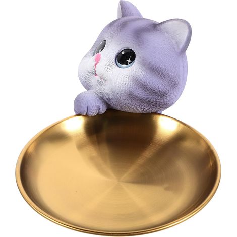 Plateau Décoratif Solution de Rangement Pratique Chat en Résine et Acier Inoxydable pour Organiser Clés et Bijoux pour Salon et Bureau (1/5)