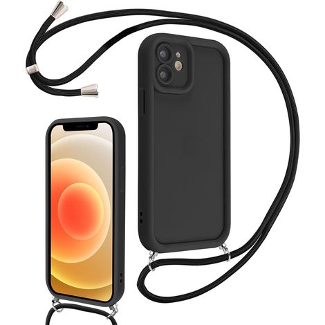 Coque pour iPhone 12 6,1" avec Cordon de Collier Réglable, Etui Protection de la Caméra Silicone Souple TPU Antichoc Housse avec Corde Lanyard Cover pour Femmes Filles, Noir (1/5)