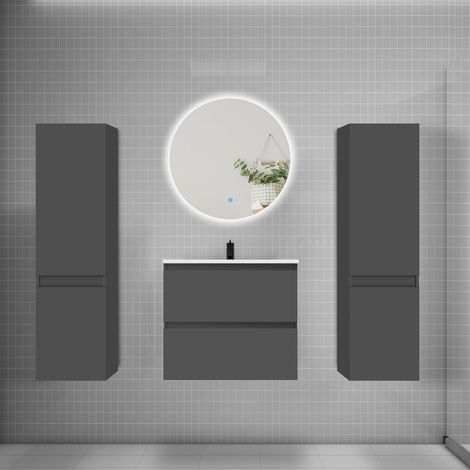 Ensemble meuble de salle de bain et lavabo anthracite ( L.60 cm) 2 tiroirs + meuble haut2 + lavabo + miroir rond LED