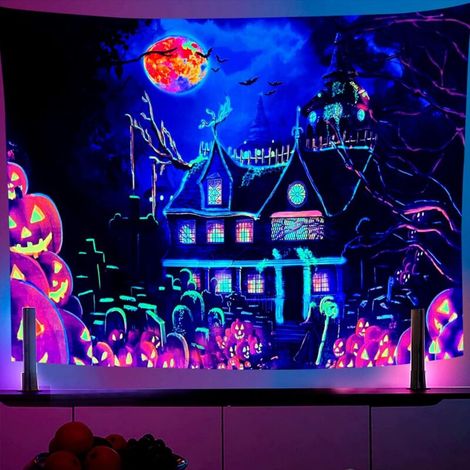 Black Light Castle Tapestry 150x130CM Pumpkin Bat Psychedelic Wall Hangings Halloween UV Reactive Neon Wall Tapestry for Bedroom Living Room Dorm (1/5)