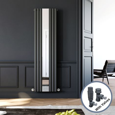 ELEGANT 1800 x 500 mm Anthracite Modern Single Oval Panel Designer Mirror Radiator Vertical Rads Compatible With All Heating Systems + Anthracite Thermostatic Radiator Valves (1/5)