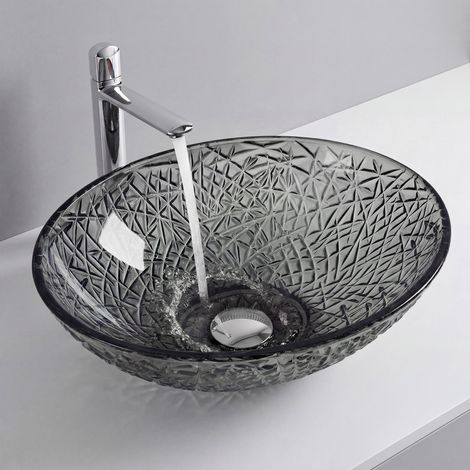 Mai & Mai Waschbecken Glas Aufsatzwaschbecken Glaswaschbecken Handwaschbecken Waschschale Oval Grau BxTxH 50,5x36x15,5 cm Minerva05