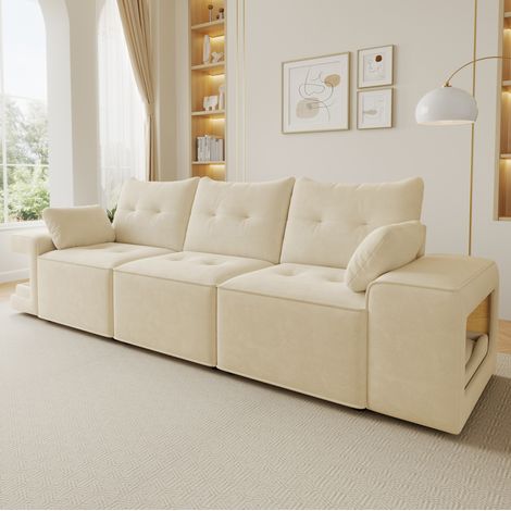 Sofá modular 229.5x78x84 cm beige en terciopelo con almacenamiento y nichos laterales para mascotas (1/5)