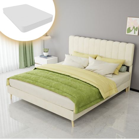 Lit rembourré moderne en velours beige 160x200 cm avec tête de lit haute et matelas inclus (1/5)