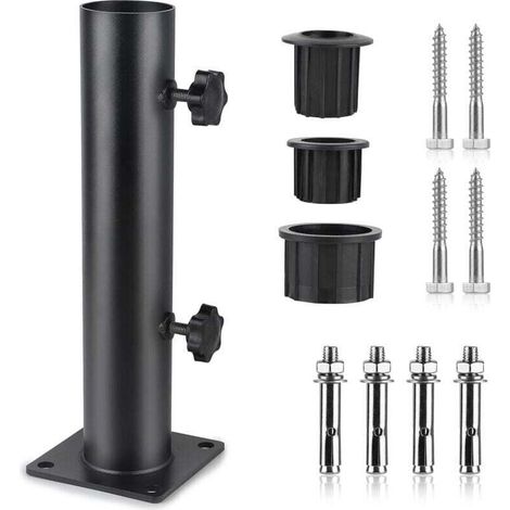 Parasol base, parasol tube, adjustable metal parasol stand with 3 PVC reducing rings (32/38/48 mm), parasol base tube with 8 steel nails, black. (1/4)