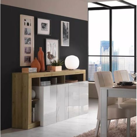 Buffet HAMBURG 4 portes – Blanc laqué brillant / Chêne Cadiz (1/5)